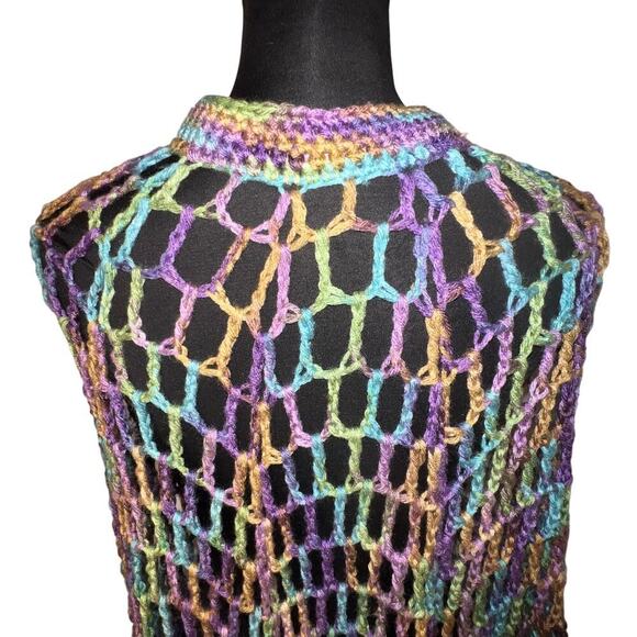 Open knit crochet pastel bobble gold-tone clasp hand knitted Gypsy Girl Shawl - Picture 7 of 8